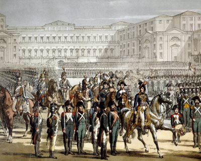 Gioacchino (Joachim) Murat francia tábornok és nápolyi király (1767-1815) áttekinti a Cisalpine milíciáját a Villa Reale de Monza előtt 1801.08.07-én. Metszet Museo del Risorgimento, Milánó alkotó: Unknown artist