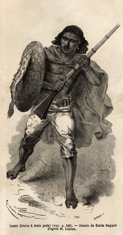 A játék, vagy bátor három hajszálú, abesszin fegyveres katona. Guillaume Lejean 1862-es abesszíniai utazását illusztráló metszet a „Le tour du monde, nouveau Journal des voyages” című kiadványában, amelyet Edouard Charton vezetésével adtak ki. alkotó: Unknown artist