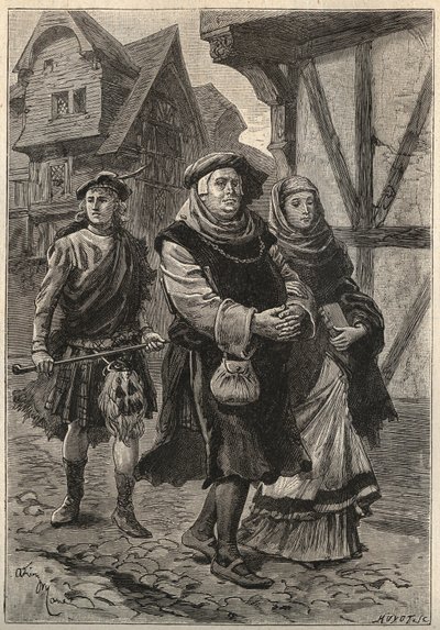 A Gartier (The Glover) elkíséri a lányát a templomba – 19. századi illusztráció a „Perthi csinos lány vagy Valentin nap (vagy Perth szép szobalánya)” című történelmi regényéhez. alkotó: Unknown artist