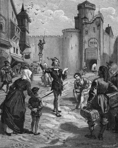 Ulrich von Hutten (1488-1523) német lovag, költő és humanista az utcán kikiáltja egyik versét. századi metszet. Jules Michelet „Histoire de France” című művében alkotó: Unknown artist