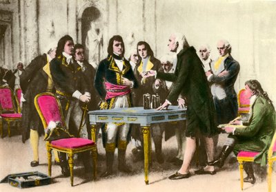 Az olasz fizikus, Alessandro (Alexandre) Volta (1745-1827) bemutatja halmát Bonaparte Napóleonnak. 1801 Magángyűjtemény alkotó: Unknown artist
