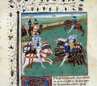 A kerekasztal lovagjai lovagi tornán vesznek részt. Miniatűr Charles of Maine mester „Tristán regénye” című kéziratából alkotó: Unknown artist