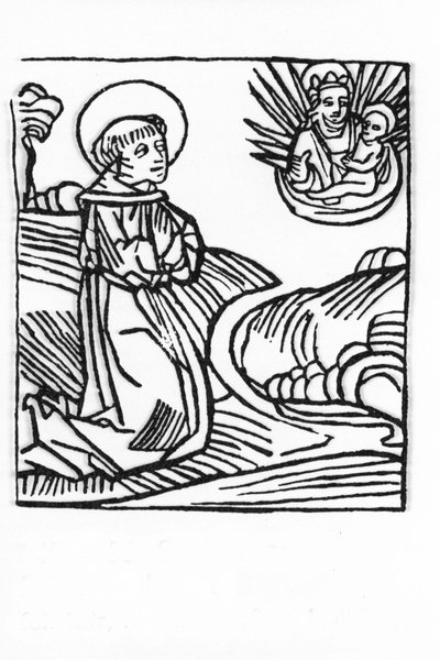 Saint Bernard de Menthon élete (923 - 1008). A Voragine-i Jacobus (James) (1228-1298) metszete a „Leben der Heiligen - sommerteil”-ből (A szent könyve). Lübeck 1488. alkotó: Unknown artist
