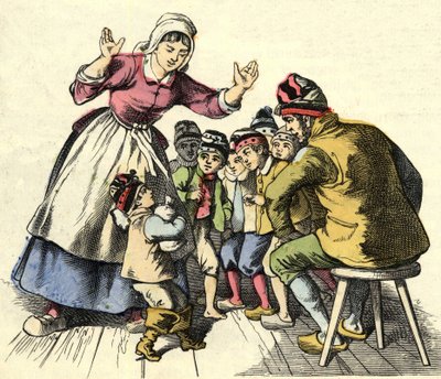 A Kis Poulet és testvérei hazamennek a szüleihez. Illusztráció Charles Perrault „Le Petit Poucet” című meséjéhez alkotó: Unknown artist