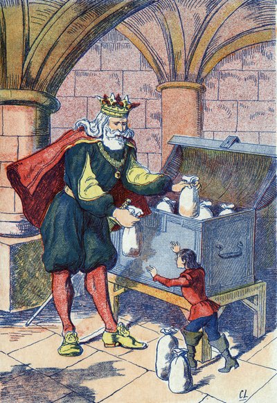 A Kis Poulet a király által kárpótol. Illusztráció: Charles Perrault (1628-1703) francia író „Le Pepetit poucet” című meséje. Névtelen illusztráció. Képek Marcel Vagne, Jarville Nancy, dátum nélküli (19. század vége). alkotó: Unknown artist
