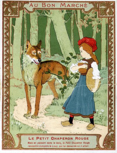 A Piroska találkozik a farkassal – a Bon Marché reklámcímke alkotó: Unknown artist