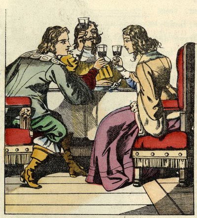 Carabas márkija meghívja a hercegnőt és a királyt enni a kastélyba. Illusztráció Charles Perrault „The cat botte” című meséjéről alkotó: Unknown artist