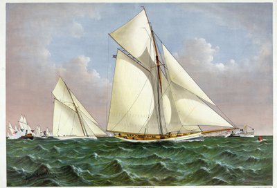 A New York-öbölben üdvözölte a flotta a Mayflower nevű vitorlást, amely megnyerte az Amerika Kupát. 1886. 07. 09. XIX. századi litográfia alkotó: Unknown artist