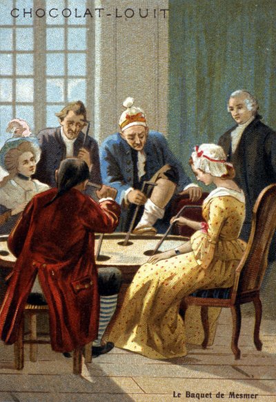 A Mesmer vödör (Frederic Antoine Mesmer – Franz Anton Mesmer). Mesmer (1734-1815), egy német orvos tapasztalata, aki azt állította, hogy felfedezte az „állati mágnesességet”. századi kromolitográfia. alkotó: Unknown artist