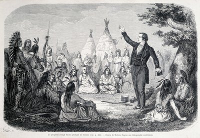Joseph Smith mormon próféta az indiánokat prédikálja (Észak-Amerika). 19. századi illusztráció. alkotó: Unknown artist
