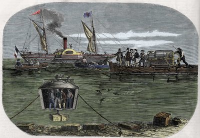 Dr. Antoine Prosper Payerne „Nautilus” búvárharangja a párizsi Szajnában kísérletezett, majd az Egyesült Államokban tökéletesedett. Metszet (1858) a Le „” Monde illustrious”-ban”. alkotó: Unknown artist