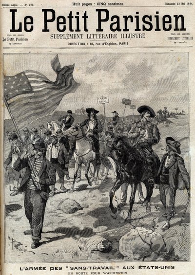 A „No Work” hadsereg az Egyesült Államokban útban Washington felé. Áprilisban Pennsylvaniában és Ohióban sztrájkok zajlottak, és Jacob Coxey vezette munkanélküliek serege Washingtonba vonult, hogy munkát kérjen. Metszet a „Le Parisien”-ben alkotó: Unknown artist