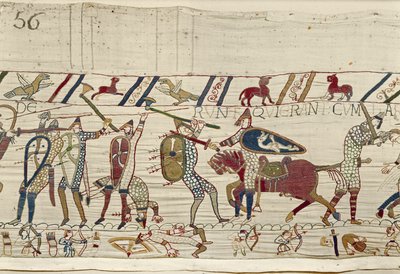 A normannok harcolnak és megölik azokat, akik Harold királlyal voltak, Bayeux Tapestry (gyapjú hímzés vászonra) alkotó: Unknown artist