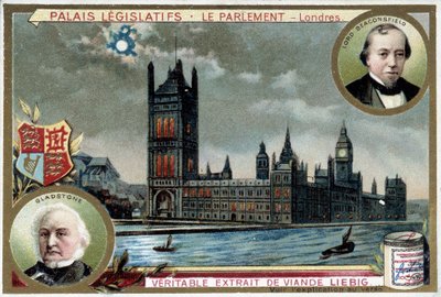 A Westminsteri palota, vagyis a londoni parlament (Anglia), William Ewart Gladstone (1809-1898) és Benjamin Disraeli, Lord Beaconsfield (1804-1881) portréival - Liebig kromolitográfiája alkotó: Unknown artist