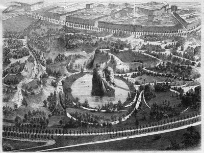 A Parc des Buttes Chaumont (Buttes-Chaumont), egy nyilvános kert Párizs 19. kerületében, amelyet III. Napóleon kezdeményezésére építettek, és amelyet Haussmann báró (Georges Eugene Haussmann) hozott létre. alkotó: Unknown artist