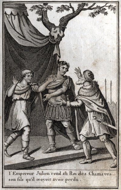 Julianus római császár (Flavius Claudius Julianus, Julianus hitehagyott, Julianus, a filozófus, II. Julianus) (332-363) visszaadja a chamave-i germán nép királyának fiát, akiről azt hitte, hogy elvesztette. 4. század. Metszet a „Beaute de l alkotó: Unknown artist