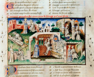 "" A rózsa rómaija "": "Pygmalion hogyan szeretett bele az általa készített szoborba ". 14. századi miniatűr. A Valenciai Egyetem könyvtára. alkotó: Unknown artist