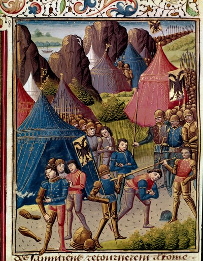 A samniták a rómaiak miniatúrájához nyúlnak a „Római történelemből” (Ad urbe condita), Tite Live (Kr. e. 59-17) (Titus Livius), fordította Pierre Bressuire (310. sz.) 1450-1500 Chantilly, Musee Conde alkotó: Unknown artist