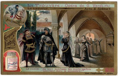 The Save Act II. jelenet 7. Illusztráció Giuseppe Verdi (1813-1901) „A lelet” (Il trovatore) című operájához. Kromolitográfia (Chromo) Liebig a 19. század végéről. alkotó: Unknown artist