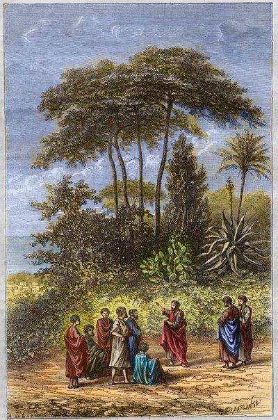 Pitagorasz Iskolája - Pythagoras tanítványai között Krotonában - metszet 1879 - A filozófus Pythagoras és tanítványai Crotone árnyékában, 1879-es metszet alkotó: Unknown artist