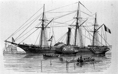 A Szfinx, a francia haditengerészet első, 1830-ban épített gőzhajója. XIX. századi metszet. alkotó: Unknown artist