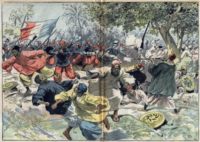 Samory Toure (körülbelül 1835-1900) szudáni csapatait egy francia gyarmat a Cavalby folyó partja mögé helyezte Walfel hadnagy vezetésével. Szudán, 1898. szeptember 9. Illusztráció az október 9-i „” Le Pelerin”-ben alkotó: Unknown artist