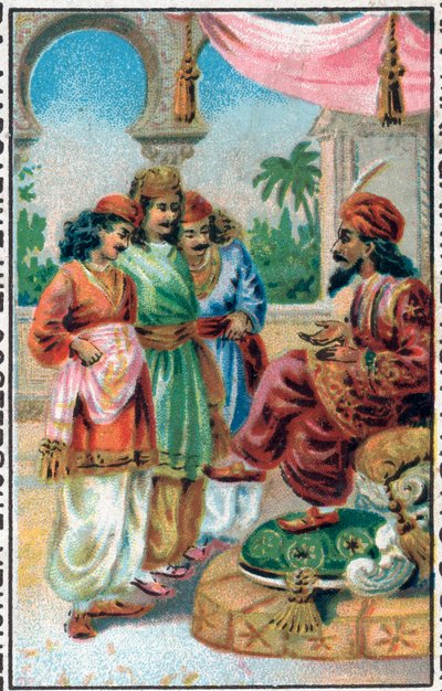 A szultán és fiai. Ahmed herceg története és a díj Párizs-Banou (Pari Banou) (Paribanu). 1001 éjszaka meséje (az ezeregy éjszaka meséi). A 19. század végének kromolitográfiája. alkotó: Unknown artist