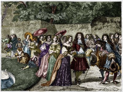 A Napkirály (XIV. Lajos a versailles-i kertekben veszi körül udvarát). századi metszet. alkotó: Unknown artist