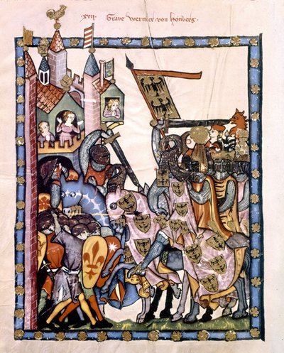 A svájci költő és lovag Graf Werner von Homberg (1284-1320) VII. Henrik császár szolgálatában megostromolta a szicíliai Angevin csapatok által védett erődöt. A „Manesse” vagy „Manessesche Liederhandschrift” kódex miniatúrája, amelynek kézirata alkotó: Unknown artist