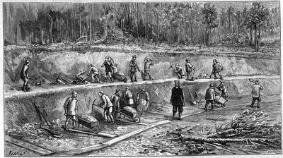 A transzszibériai vasút: kínai munkások telephelye. (Fényképről). Metszet a „természetbe”: 1895. október 5-i áttekintés a tudományokról és alkalmazásukról a művészetben és az iparban. alkotó: Unknown artist