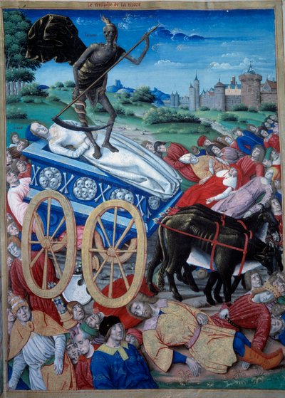 A halál diadala. A Halál allegorikus ábrázolása hamisítványon, holttestek hevernek a földön. Miniatűr Petrarch (Francesco Petrarca) „Diadalak, szonettek és dalok” című filmből alkotó: Unknown artist