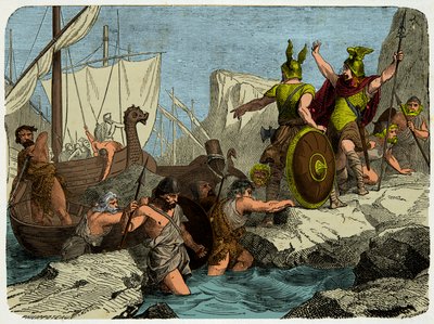 A vikingek partra szállnak a francia tengerparton 911-ben, Metszet 19. század alkotó: Unknown artist