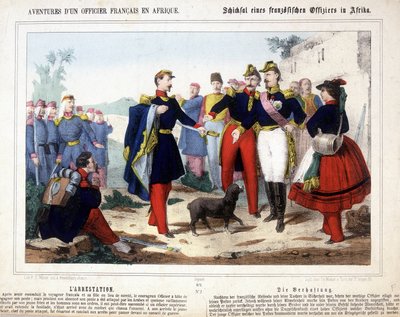 Egy francia tiszt kalandjai Afrikában. A fiatal tisztet, az arabok által megtámadott poszt vezetőjét leszerelték, és letartóztatták a haditanács elé. alkotó: Unknown artist