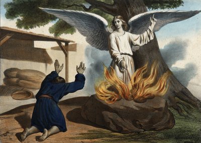 Az angyal, aki megjelenik Gedeonnál (Gideon), hogy felszabadítsa Izrael népét a mádiániak megszállása alól. Névtelen metszet a 19. század közepéről. alkotó: Unknown artist