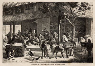 Egy ház animációja és az utca tevékenysége. Aime Humbert, a Svájci Államszövetség minisztere által az 1863-1864-es japán utazást illusztráló metszet a „Le tour du monde, nouveau Journal des voyages” című folyóiratban, amely irányítása alatt jelent meg. alkotó: Unknown artist