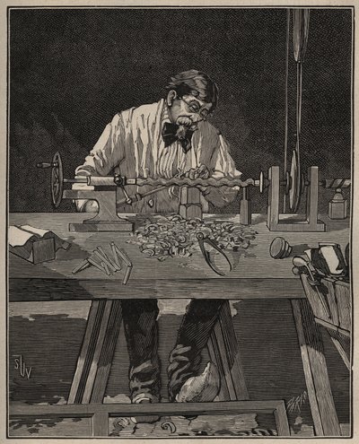 Az eszterga művészete: a törzsoszlop homlokzata. Metszet 1885-ből Adolphe BITARD „” Les arts et metiers illustres” című könyvébe. alkotó: Unknown artist