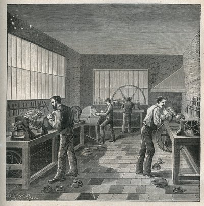 Az eszterga művészete: fémmunka egy esztergályos-repeller műhelyében. Metszet 1885-ből Adolphe BITARD „Les arts et metiers illustres” című könyvében. alkotó: Unknown artist