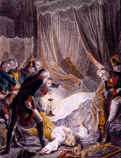 I. Petrovics Pál (1754-1801) orosz cár meggyilkolása a Szent Mihály-palota szobájában, miután kénytelen volt aláírni lemondását. Metszet 1801 körül. Magángyűjtemény alkotó: Unknown artist