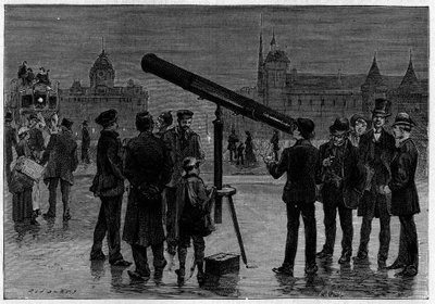 A csillagász és csillagászati kerete a párizsi Place du Chatelet-n, a Vénusz bolygó megfigyelésének idején, 1889 februárjában. Metszet a „” La Nature-ben. Revue des sciences et de ses applications aux arts et a l