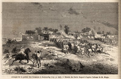 Ahmadou (Toucouleur) király hadseregének Sansandig elleni támadása, ahová Bambara menekült. Metszet M. Mage hadnagy nyugat-szudáni utazásának szemléltetésére, 1863-1866, megjelent a „Le tour du monde, nouveau journal des voyages”, u alkotó: Unknown artist