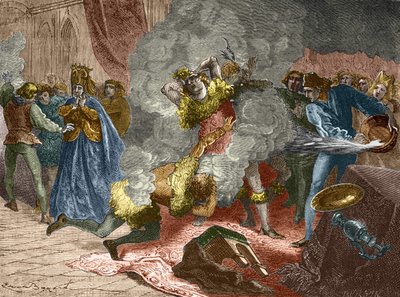 A lelkesek bálja vagy a vadak bálja: a bajorországi Isabeau (Isabella, Erzsébet) hölgy esküvője alkalmából 1393. január 28-án a király álcázva magát négy másik udvaronchoz láncolta. Testvére, Orlé hercege alkotó: Unknown artist