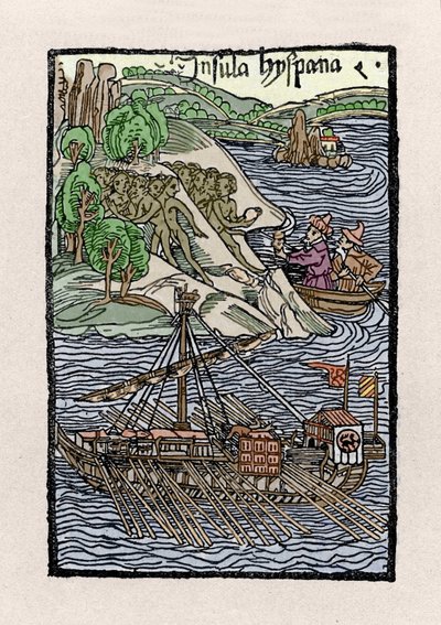 Kolumbusz Kristóf (1451-1506) a Hispaniola-i bárka. Metszet a „De insulis in mare Indico super inventis”-ből”, Bale 1493-1494 (Kolumbus spanyol királynak írt jelentésének latin fordítása). alkotó: Unknown artist