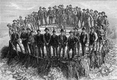 A „Sequoia Gigantea” alapját a New York-i (New York-i) Amerikai Természettudományi Múzeumnak szánják, az 52 munkással, akik a bontásán dolgoztak (egy fénykép után). Metszet a „La Nature: revue des sciences et de leurs applications a alkotó: Unknown artist