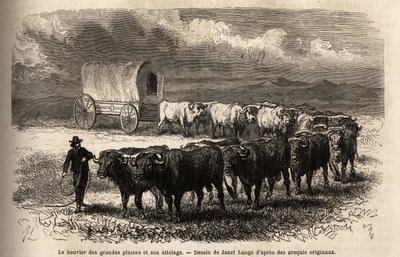 A nagy síkságok kormányozzák és a vonószerkezete. M. L. Simonin 1867-es metszete az amerikai távol-nyugati utazás szemléltetésére, megjelent a „Le tour du monde, nouveau Journal des voyages” című folyóiratban, szerkesztette Edouard Charton alkotó: Unknown artist