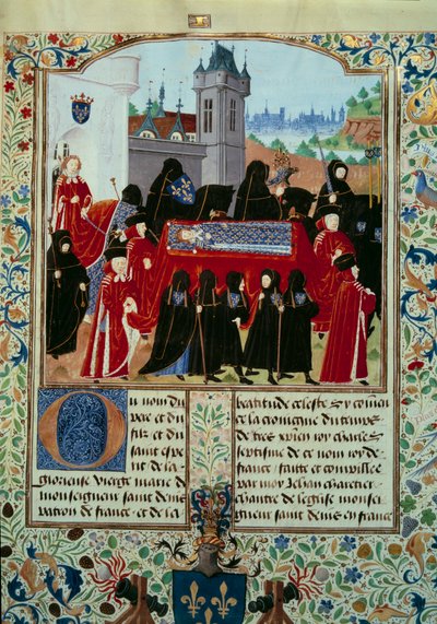 VI. Károly néhai király (1368-1422) holttestét viszik el, a körmenet mögött az új VII. Károly királyt (1403-1461) az 1422.10.22-i miniatűrt a „VII. Károly krónikái” című kéziratból (Ms. fr. 2691) Jean Chartier alkotó: Unknown artist