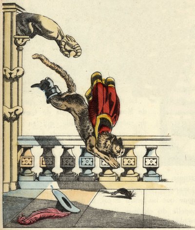 A csizmacska megkérte az ogrét, hogy változzon egérré, ugrál, hogy felfalja. Illusztráció Charles Perrault „Le chat botte” című meséjéről alkotó: Unknown artist