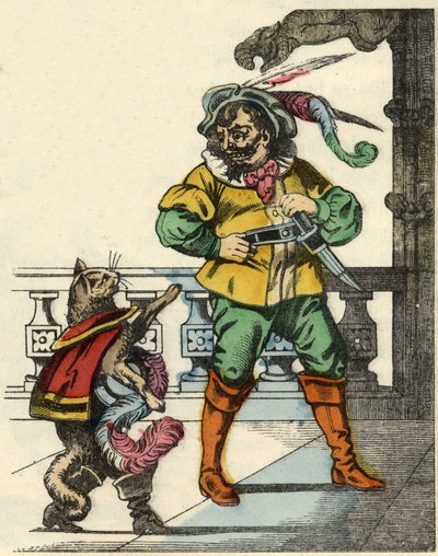 A bakancsmacska találkozik az ogréval. Illusztráció Charles Perrault „The cat botte” című meséjéről alkotó: Unknown artist
