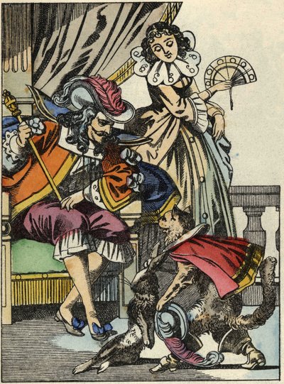 A csizmacska felajánlja a nyulat a királynak gazdájától, Carabas márkitól. Illusztráció Charles Perrault „The cat botte” című meséjéről alkotó: Unknown artist