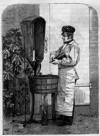 A pezsgő bor palackozása. Metszet 1864-ből. alkotó: Unknown artist