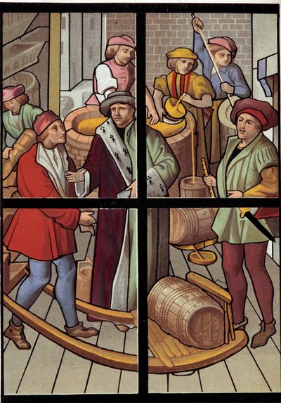 A sörfőzők. Litográfia a 15. századi tournai székesegyház ólomüveg ablakából. 19. század. Párizs, díszítőművészet alkotó: Unknown artist